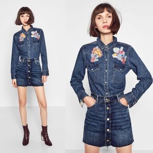 Zara Floral Embroidered Denim Chambray Shirt